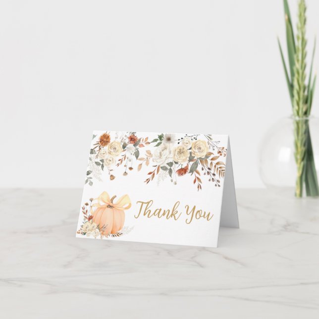 Floral Pumpkin Fall in Love Baby Shower Thank You Card (Front)