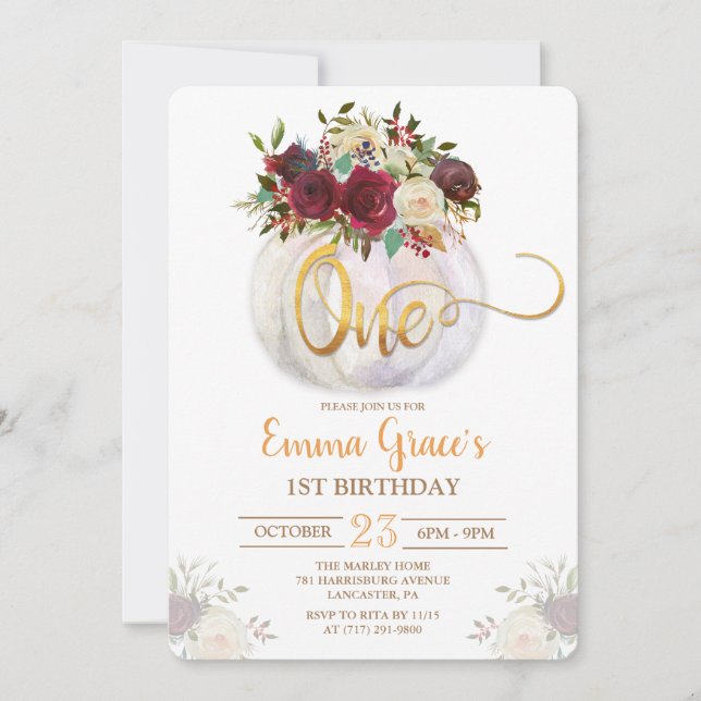 Floral Pumpkin First Birthday Invitation (Front)