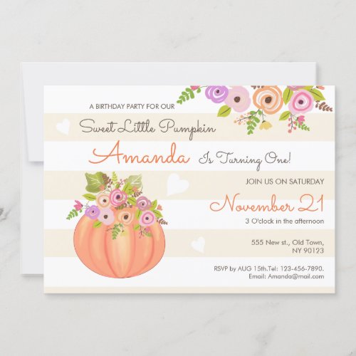 Floral Pumpkin First Birthday Invitations