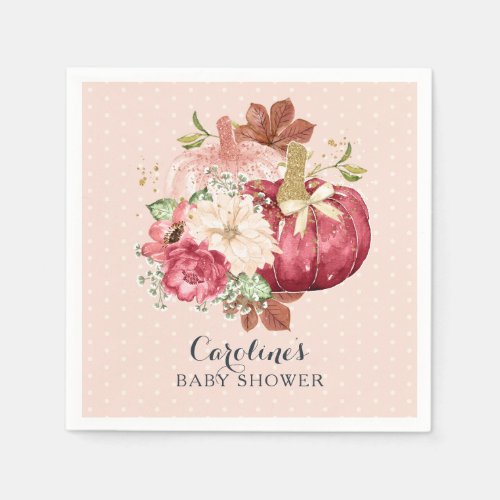 Floral Pumpkin Glitter Blush Marsala Baby Shower Napkins