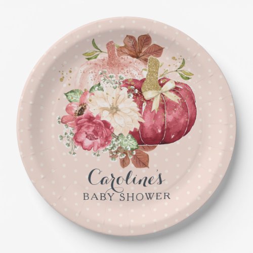 Floral Pumpkin Glitter Blush Marsala Baby Shower Paper Plates