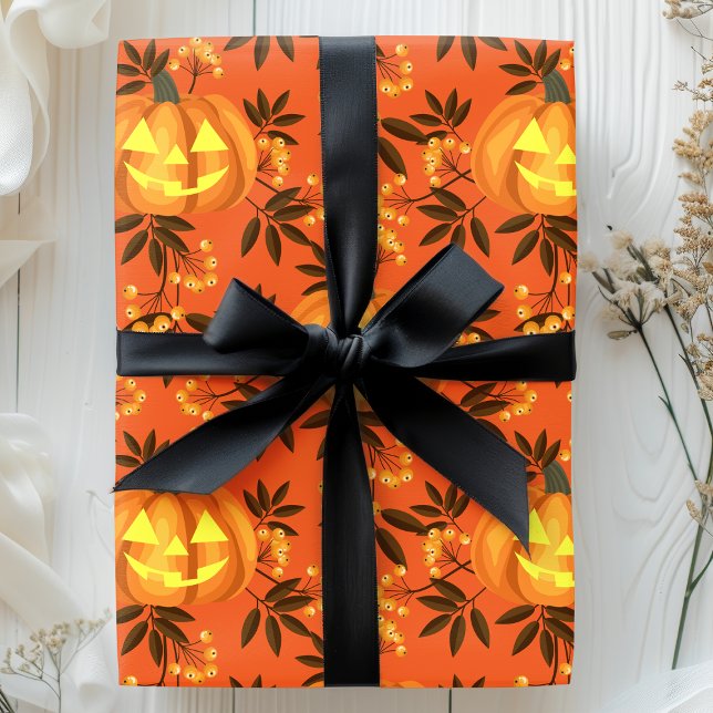 Floral Pumpkin Jack O'Lantern Pattern Wrapping Paper (Creator Uploaded)