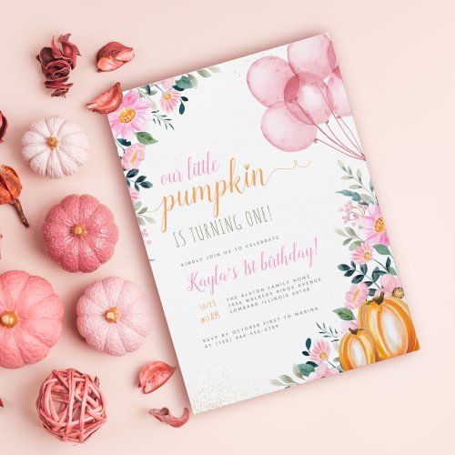 Floral Pumpkin Little Girl Birthday Party Invitation