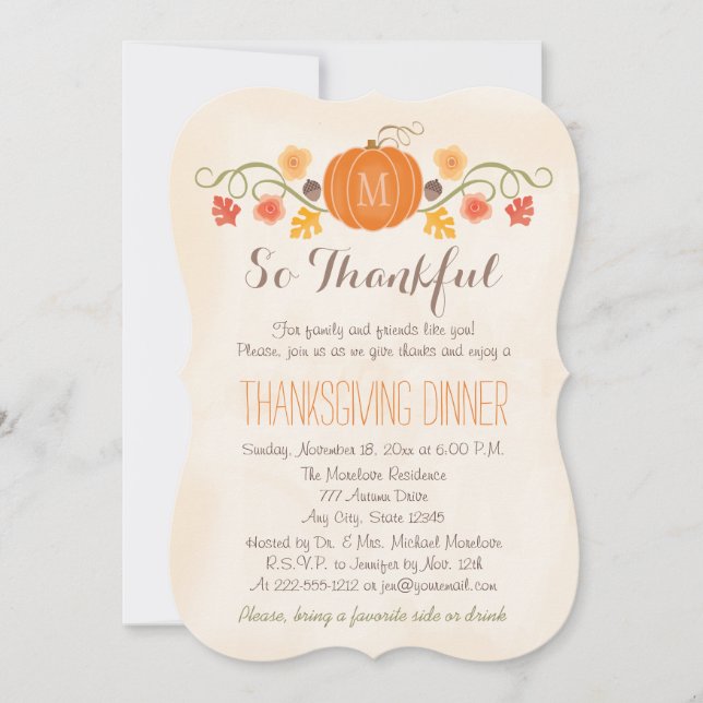 Floral Pumpkin Monogrammed Thanksgiving Dinner Invitation (Front)
