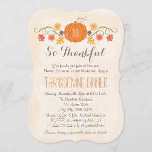 Floral Pumpkin Monogrammed Thanksgiving Dinner Invitation