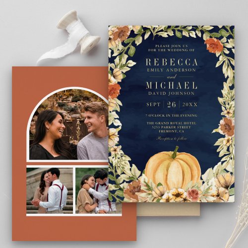 Floral Pumpkin Photo Collage Navy Wedding Gold Foil Invitation