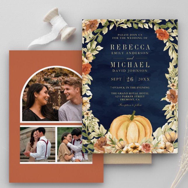 Floral Pumpkin Photo Collage Navy Wedding Gold Foil Invitation (Creator Uploaded)