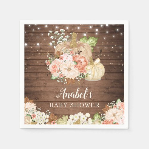 Floral Pumpkin Rustic Wood Fall Baby Shower Napkins