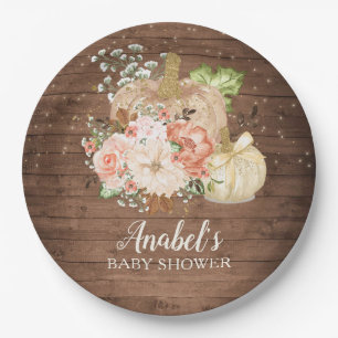 Floral Pumpkin Rustic Wood Fall Baby Shower Paper Plates