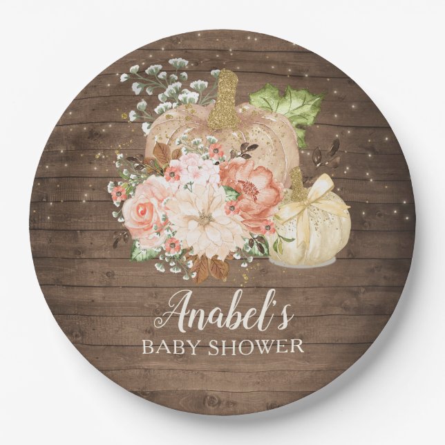 Floral Pumpkin Rustic Wood Fall Baby Shower Paper Plates (Front)