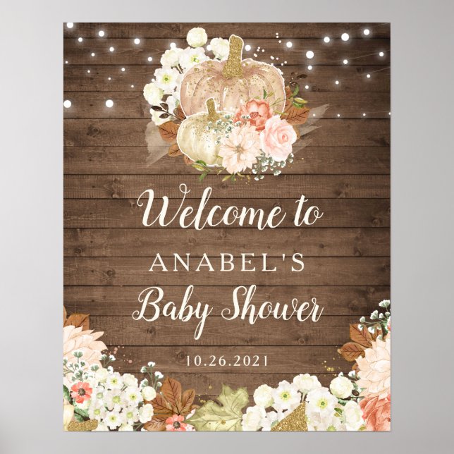Floral Pumpkin Rustic Wood Welcome Baby Shower Poster (Front)