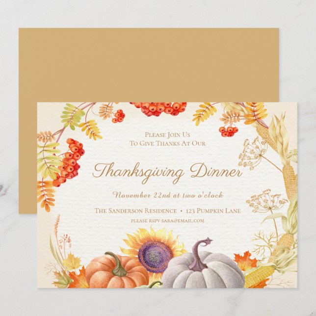 Floral Pumpkin Sunflower Thanksgiving Dinner Invitation (Front/Back)