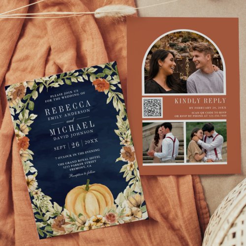 Floral Pumpkin Terracotta QR Code Navy Wedding Invitation