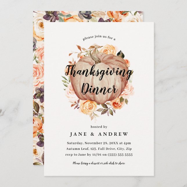 Floral Pumpkin Thanksgiving Dinner  Invitation (Front/Back)