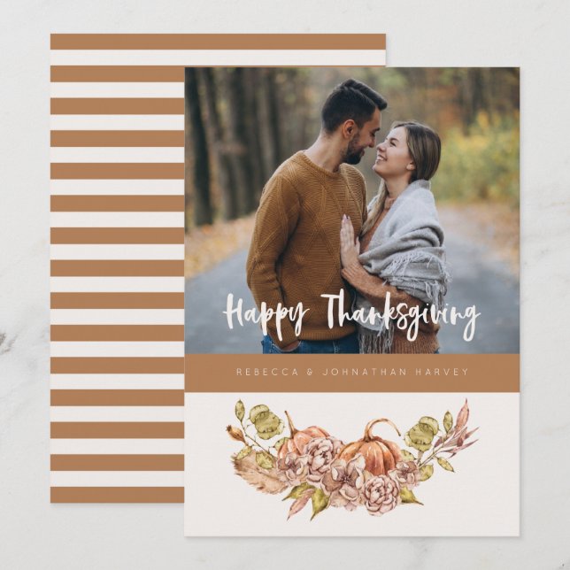 Floral Pumpkin Thanksgiving Fall Holiday Card (Front/Back)