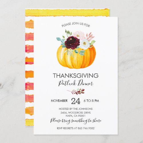 Floral Pumpkin Thanksgiving Potluck Dinner Invitation