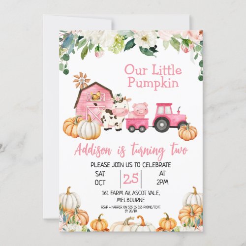 Floral Pumpkin Tractor Farm Birthday Invitation
