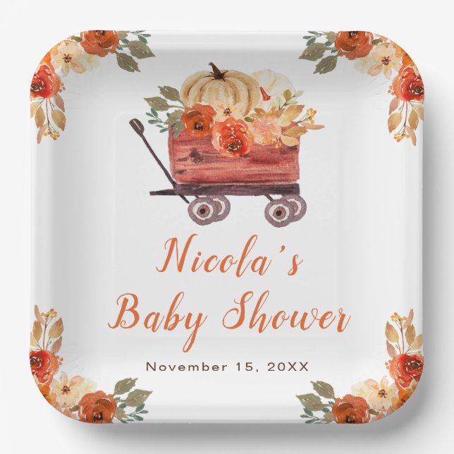 Floral Pumpkin Truck Baby Shower Paper Plates (Front)