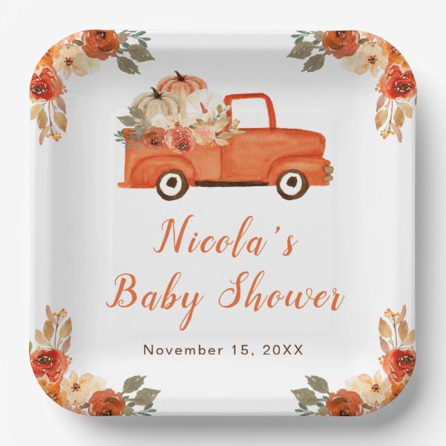 Floral Pumpkin Truck Baby Shower  Paper Plates (Front)