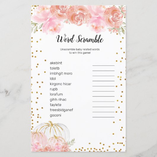 Floral Pumpkin Watercolor Word Scramble Game (Front)