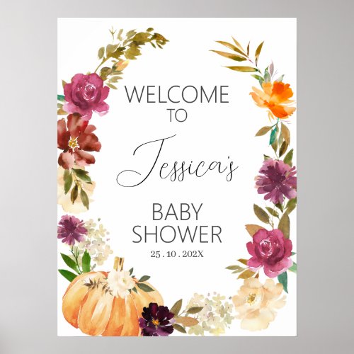 Floral Pumpkin Wreath Baby Shower Welcome Poster
