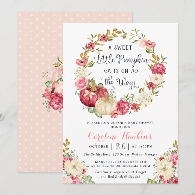 Floral Pumpkin Wreath Blush Glitter Baby Shower Invitation (Front/Back)