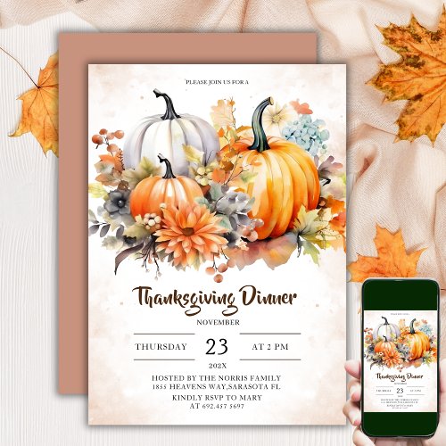 Floral Pumpkins Autumn Leaves Thanksgiving Dinner Invitation