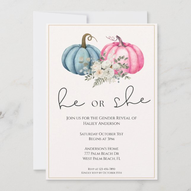 Floral Pumpkins Fall Baby Gender Reveal  Invitation (Front)