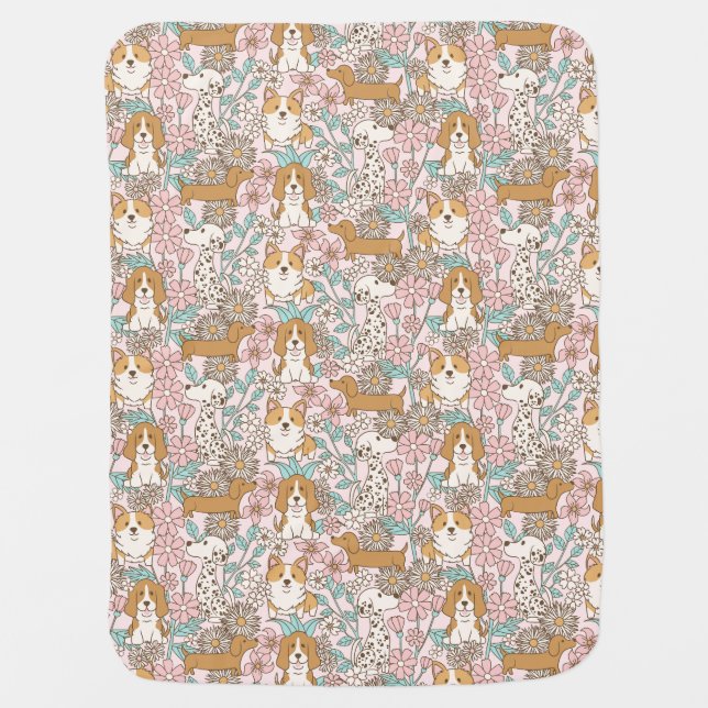 Floral Puppies Baby Blanket (Front)