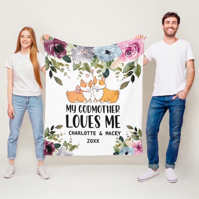 Floral Puppy My Godmother Loves Me Personalized Fleece Blanket (In Situ)