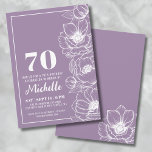 Floral Purple 70th Birthday Invitation<br><div class="desc">Introducing a chic and elegant 70th birthday party invitation, perfect for celebrating seventy years old in style. The design features a lovely lilac or lavender purple background on both sides, with delicate anemone flower line art running down the right side. While these are anemone flowers, they can pull off a...</div>