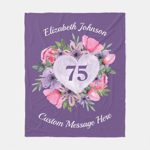 Floral Purple 75th Birthday Blanket for Women