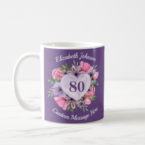 Floral Purple 80th Birthday Mug for Women