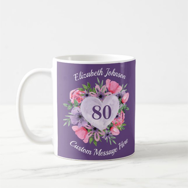 Floral Purple 80th Birthday Mug for Women (Left)