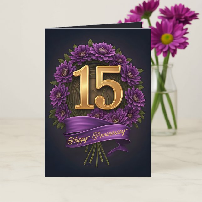 Floral Purple and Gold 15th Wedding Anniversary  Card (Creator Uploaded)