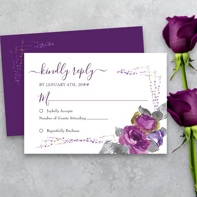 Floral Purple and Gold Confett Simple Wedding RSVP (Elegant purple floral rsvp card from my Plush Purple Wedding Collection )