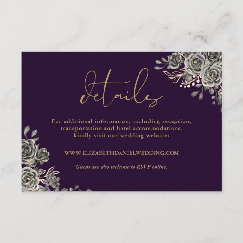 Floral Purple And Gold Gothic Wedding Details Enclosure Card