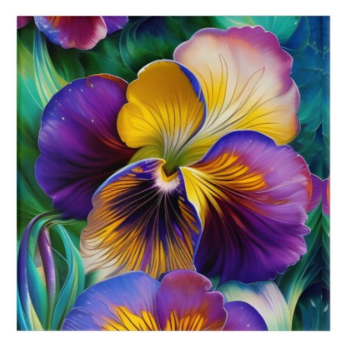 Floral Purple and gold pansy blue green leaves Acrylic Print