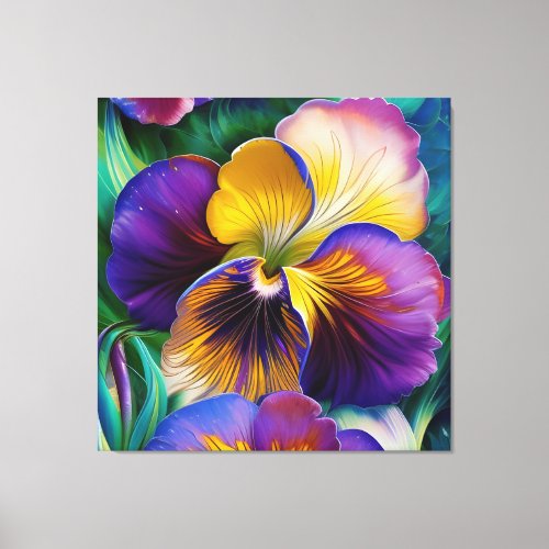 Floral Purple and gold pansy blue green leaves Canvas Print