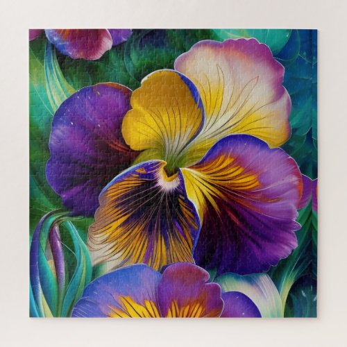 Floral Purple and gold pansy blue green leaves Jigsaw Puzzle