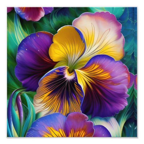 Floral Purple and gold pansy blue green leaves Photo Print