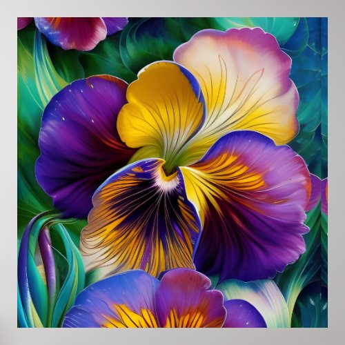 Floral Purple and gold pansy blue green leaves Poster