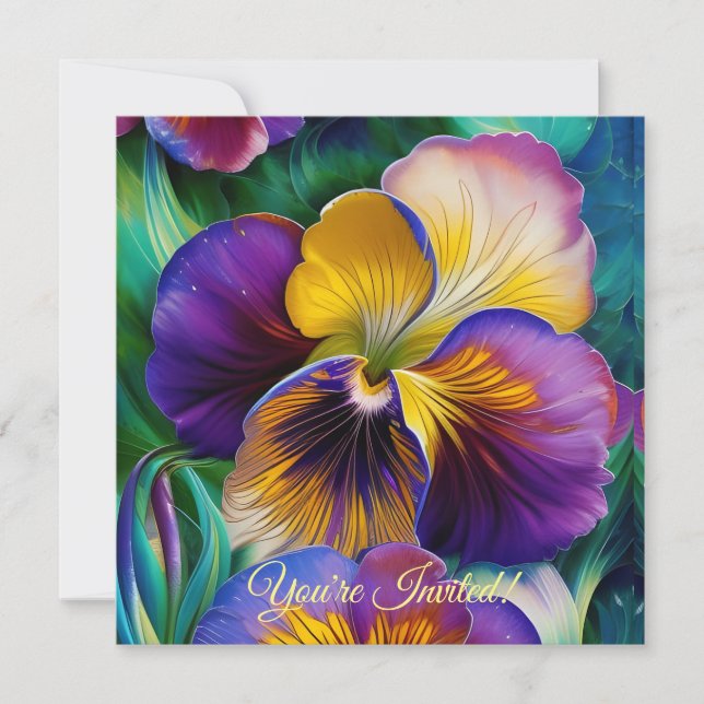Floral Purple and gold pansy invitation (Front)