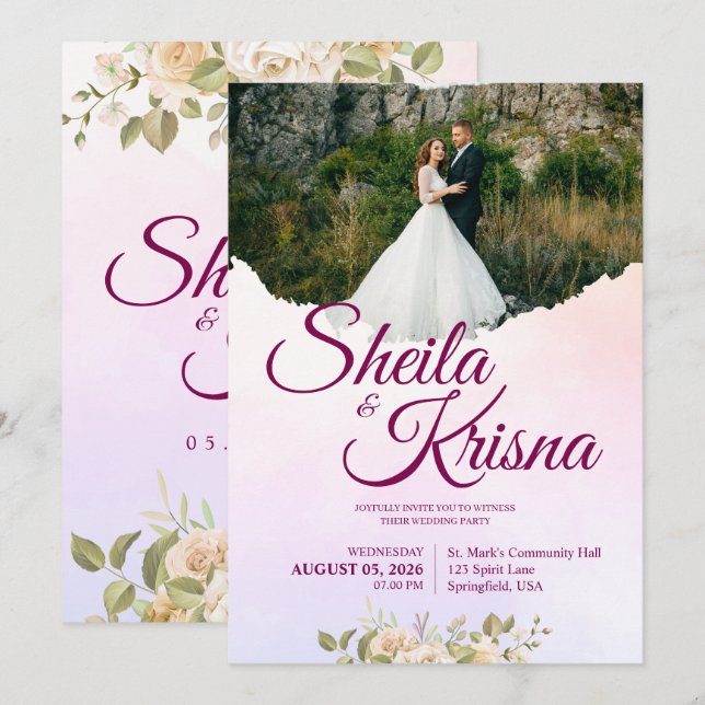 Floral Purple and Pink Elegance Wedding with Photo Invitation (Front/Back)