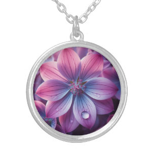 Floral Purple and Pink Lilac Flower Silver Plated Necklace