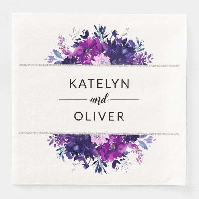 Floral Purple and Silver Frame Wedding Monogram Paper Dinner Napkins (Front)