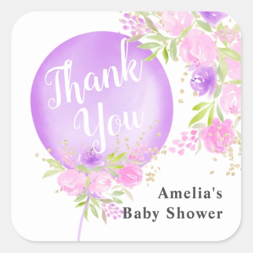 Floral purple balloon thank you baby shower square sticker