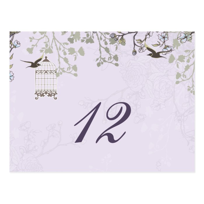 floral purple bird cage, love birds table numbers post card