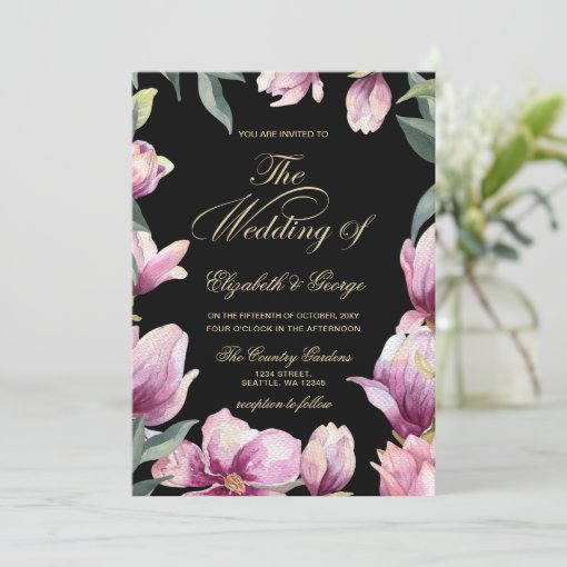 Floral Purple Black and Gold wedding Invitation | Zazzle