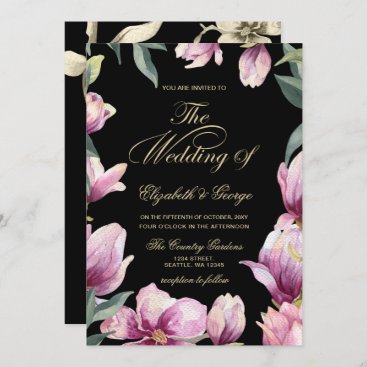Floral Purple Black and Gold wedding Invitation